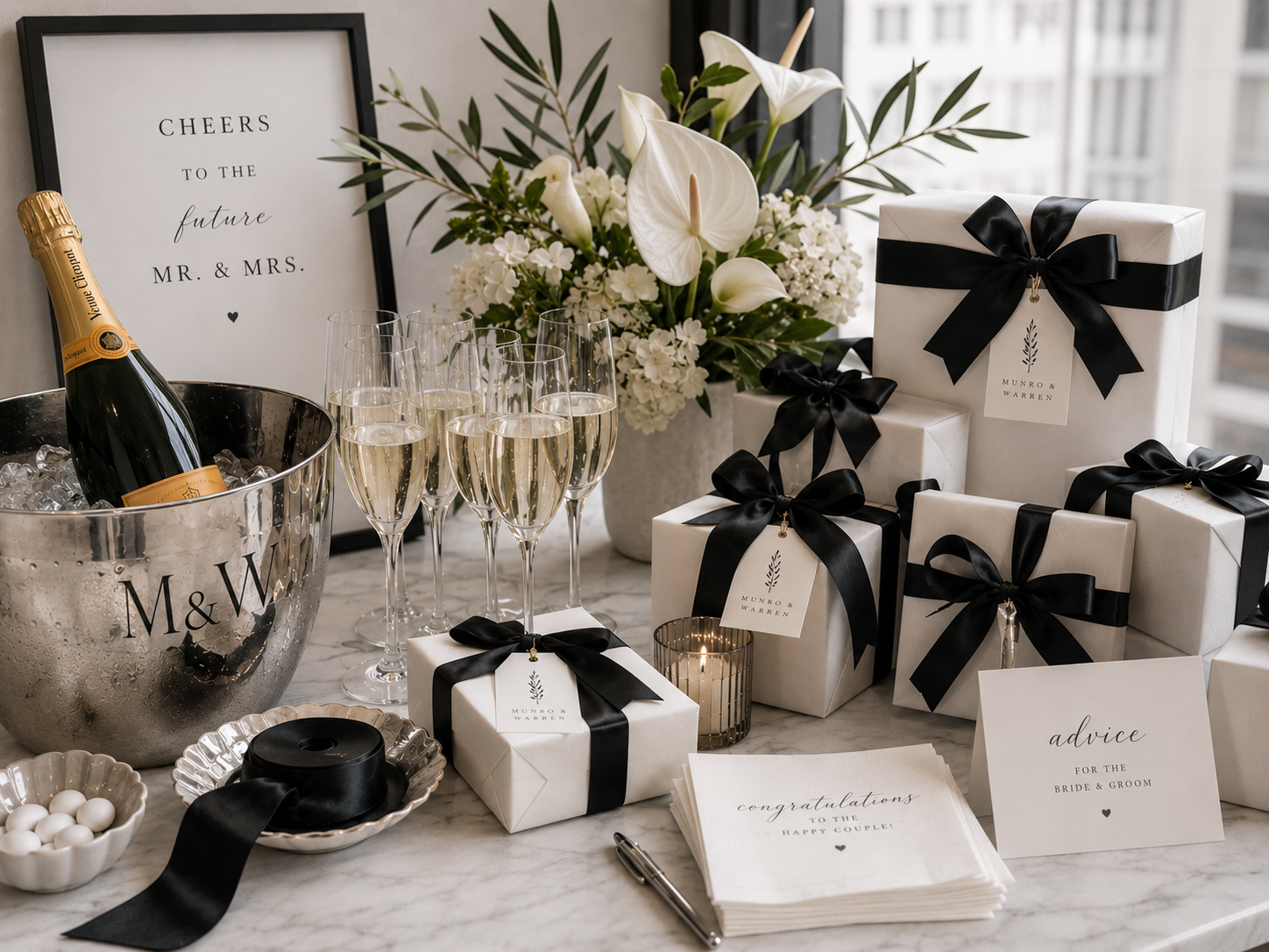Curated luxury wedding gifts displayed in a bright, elegant setting.