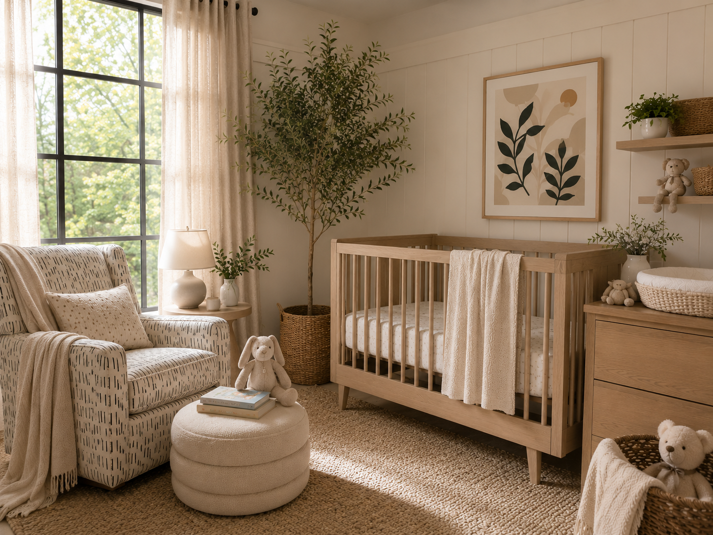 Luxury baby gifts arranged in a soft, modern nursery setting.