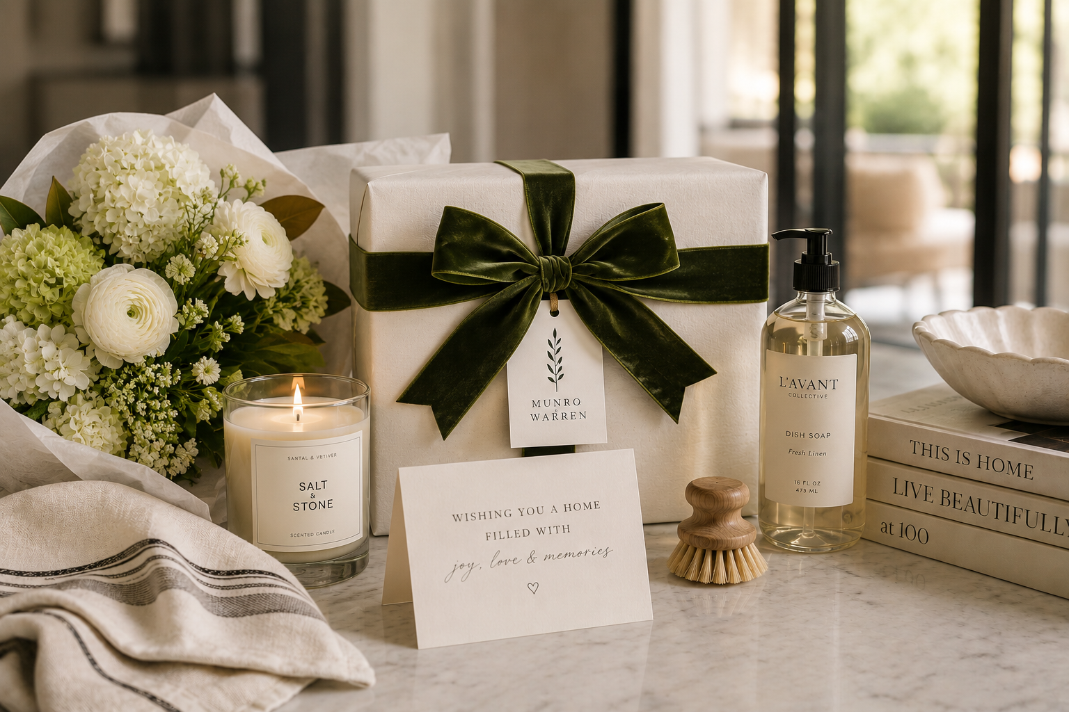 Luxury housewarming gift box with a green velvet ribbon and curated home gifts.