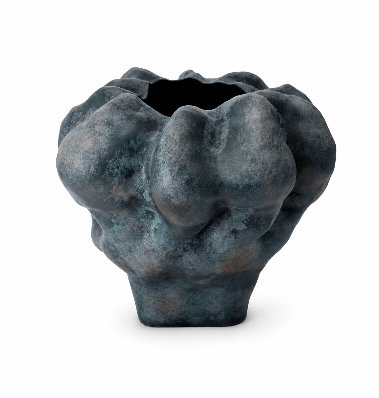 Textured dark ceramic vase with an irregular, bulbous shape and an open top.
