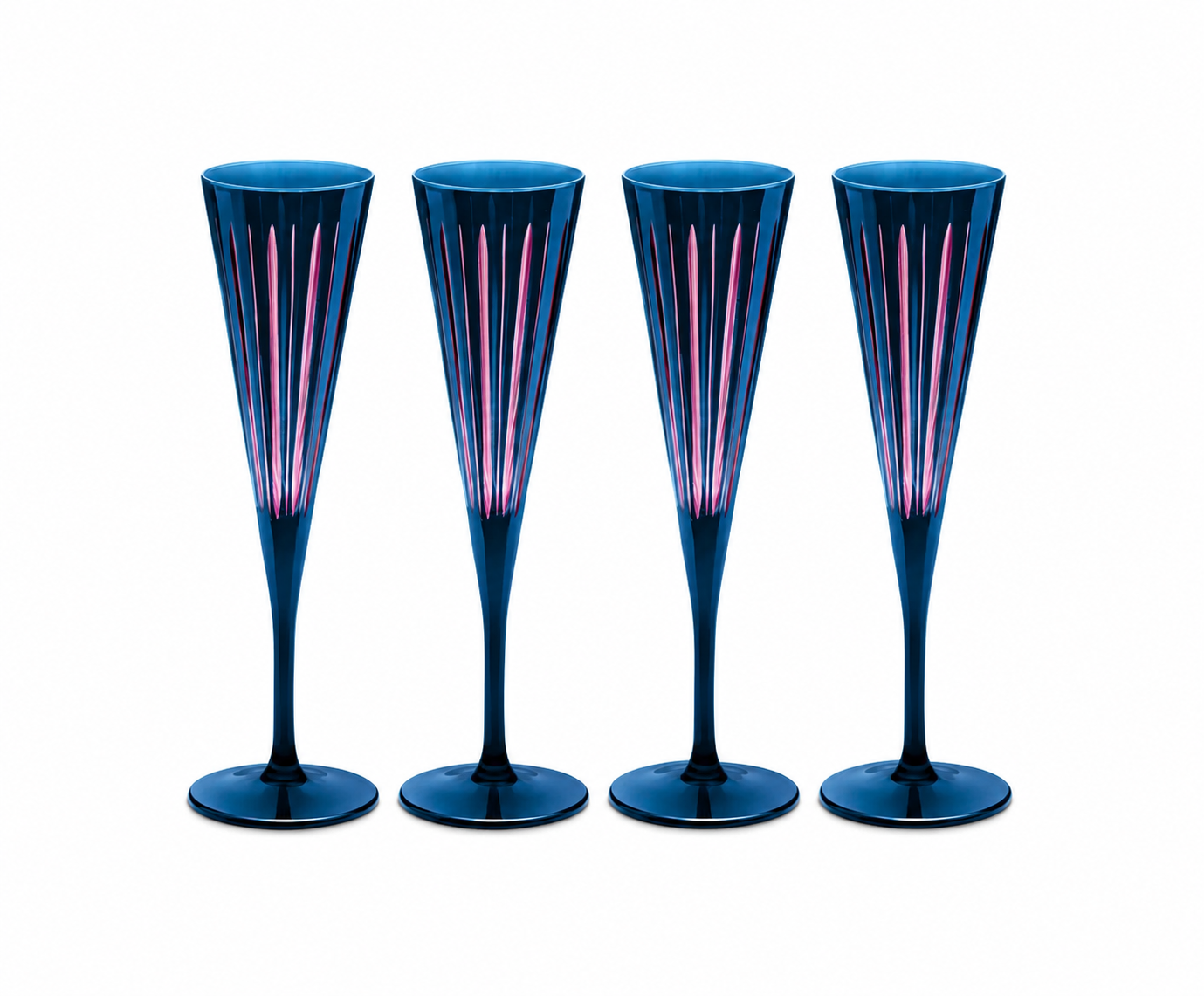 Four dark blue crystal champagne flutes with pink vertical accents on a white background.