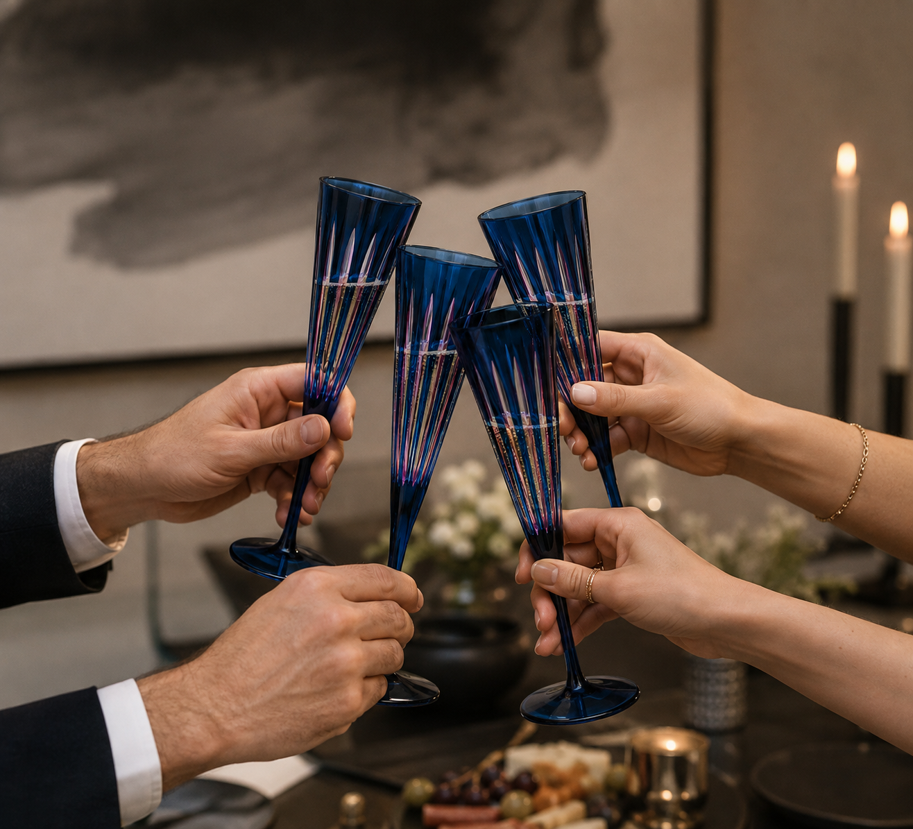 Four hands clinking blue champagne flutes filled with bubbly in a celebratory toast.