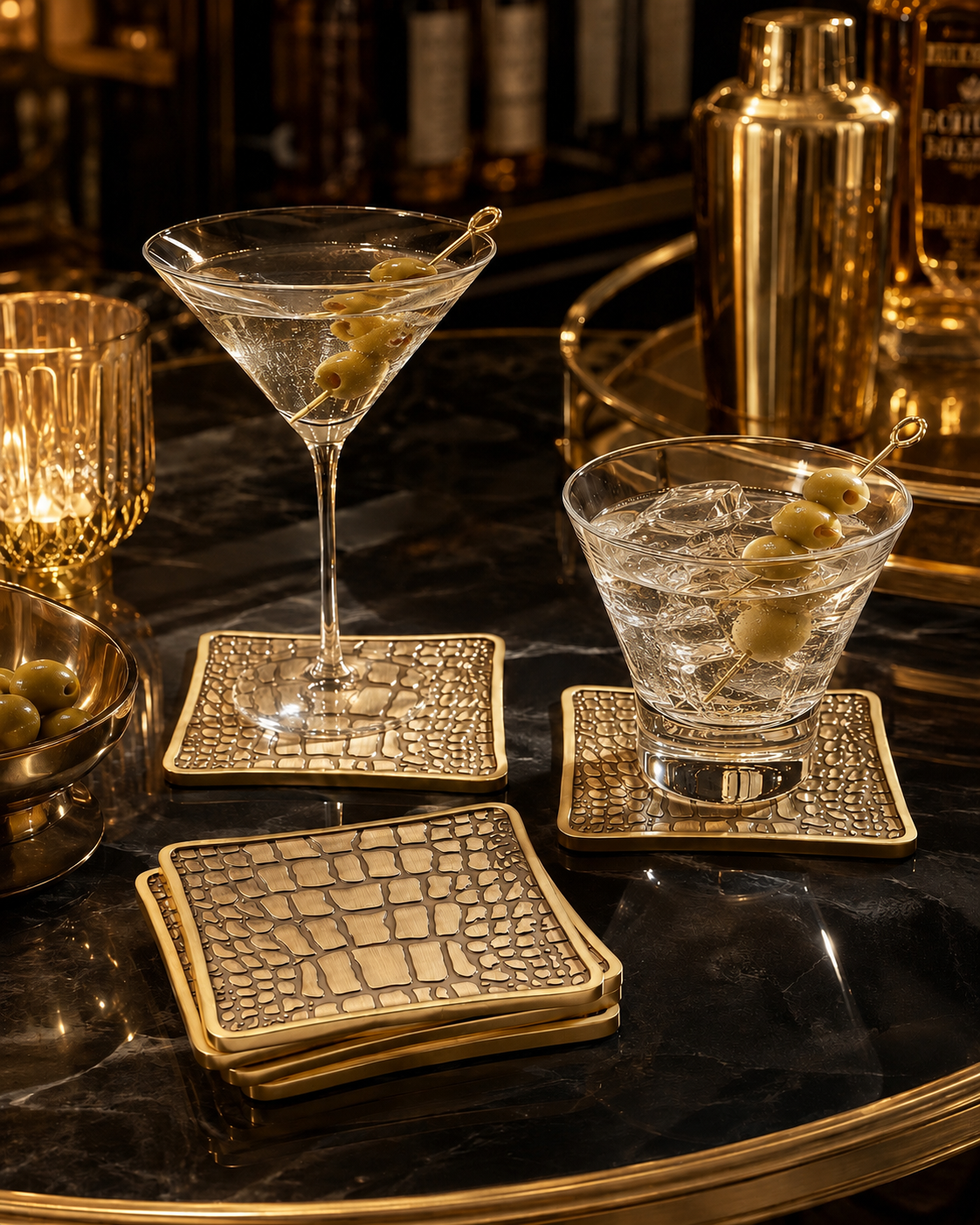 Two cocktails garnished with olives on textured gold coasters on a dark marble bar top.