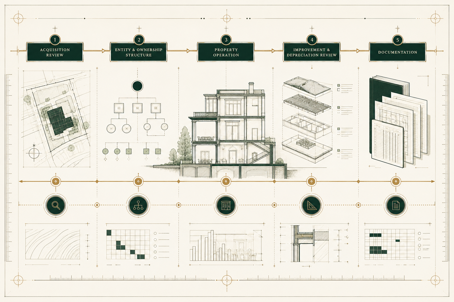 Property lifecycle blueprint showing planning considerations from acquisition through operation and disposition
