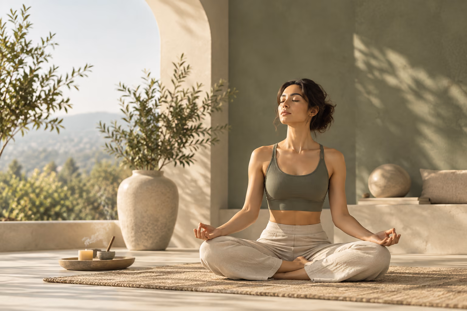 Woman with arms raised overlooking a lush green mountainous landscape under a partly cloudy sky.