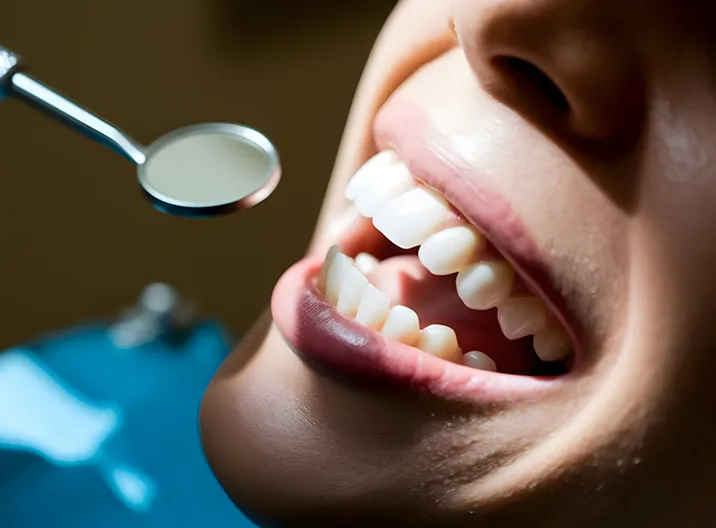 Close-up of a person’s mouth open with white teeth visible, next to a dental mirror.