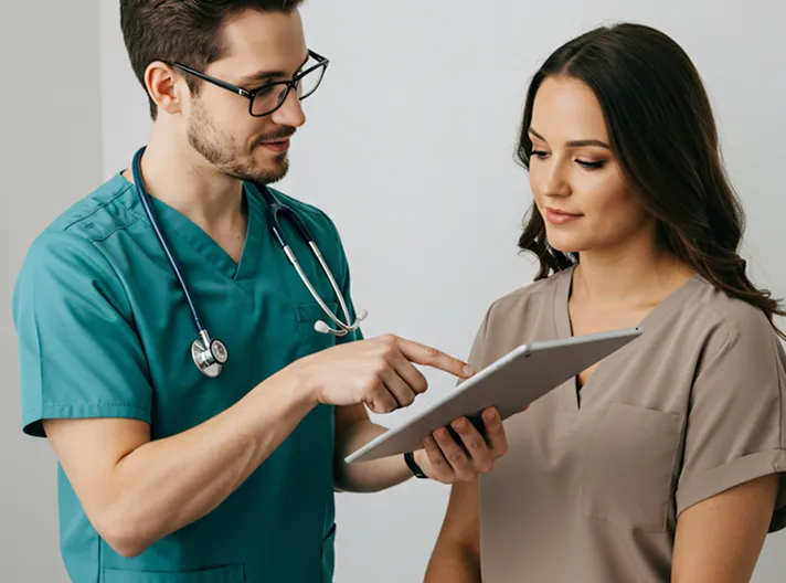 Male doctor in green scrubs with stethoscope explaining information on a tablet to a female patient.
