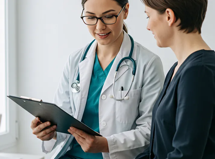 Female doctor in a white coat and teal scrubs with a stethoscope discussing information on a clipboard with a female patient.