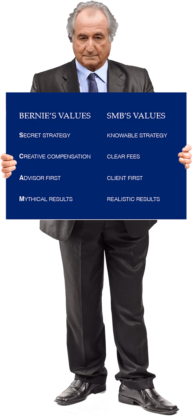 Bernie holding a blue sign about how he scammed people