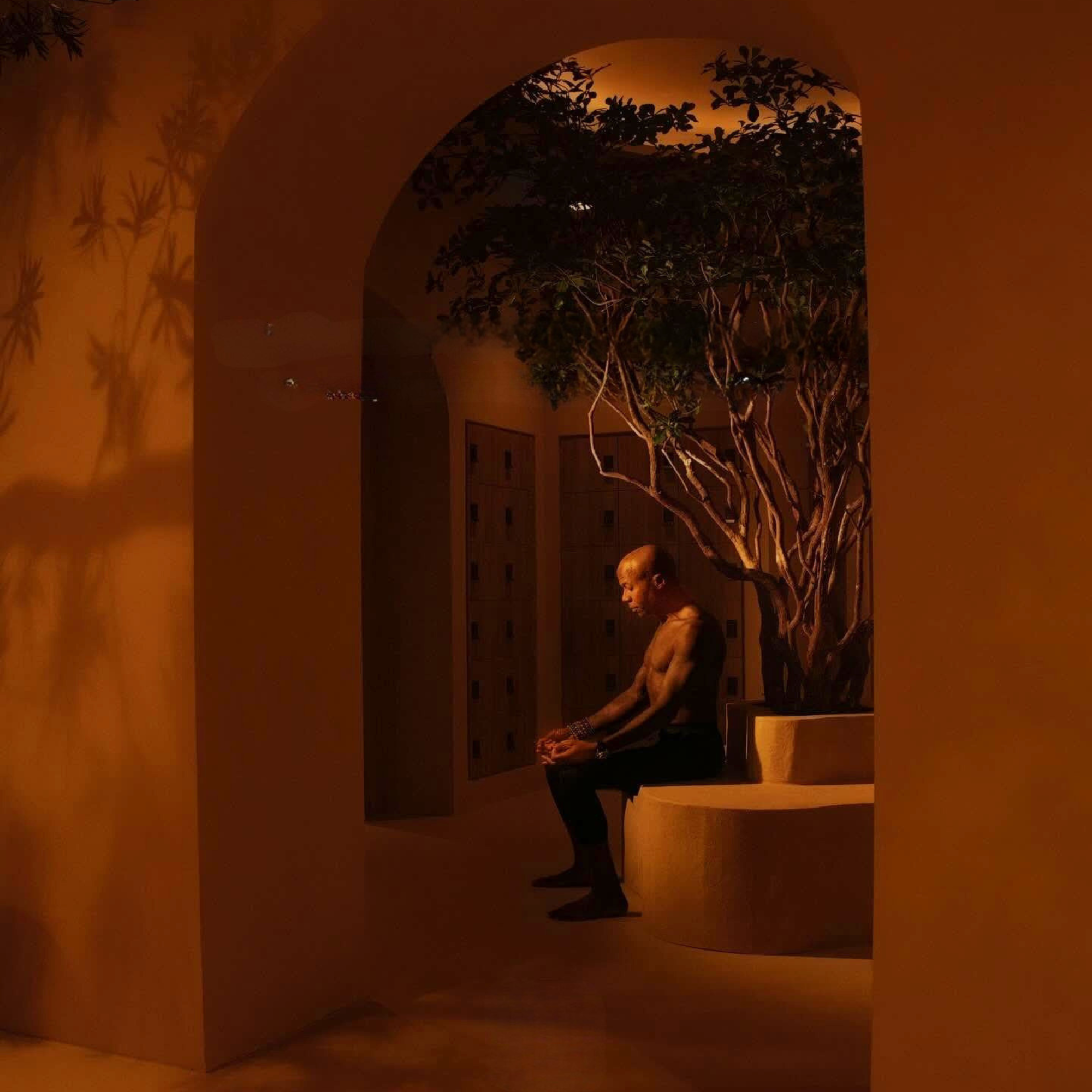 A person meditating in a warm, plant-shadowed studio space at Kintsugi Yoga in Las Vegas