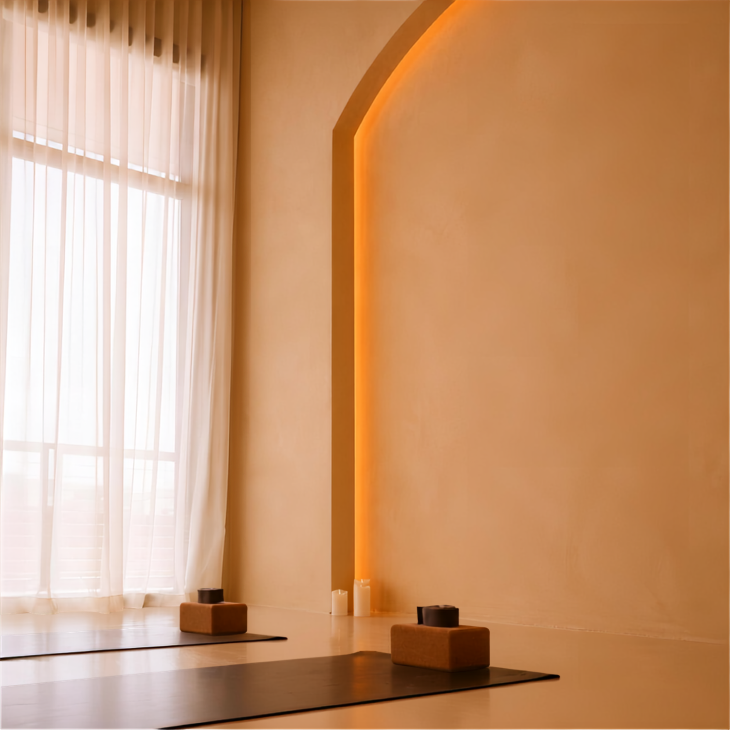 Warm plaster walls bathed in soft natural light at Kintsugi Yoga in Las Vegas
