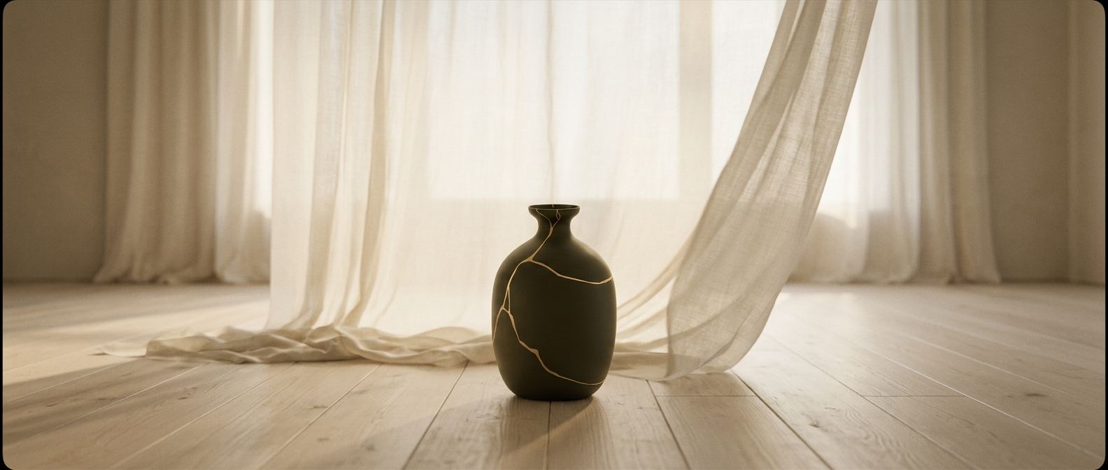 A dark ceramic vessel repaired with golden kintsugi seams