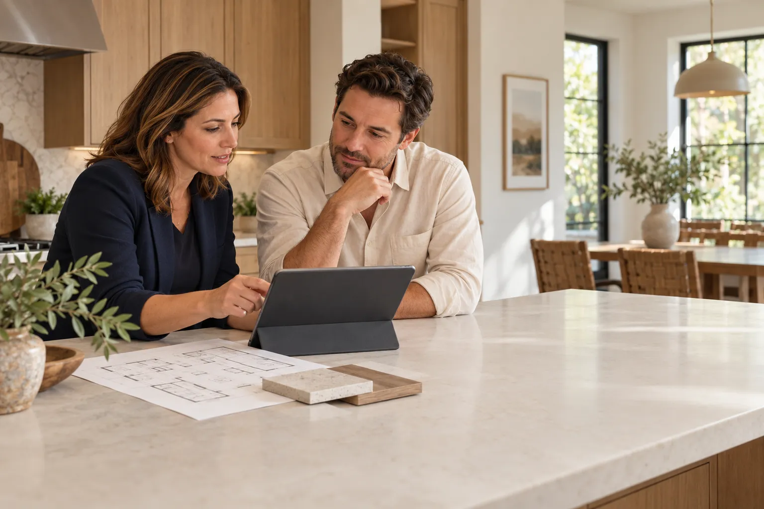 professional and client reviewing property information together at a table.