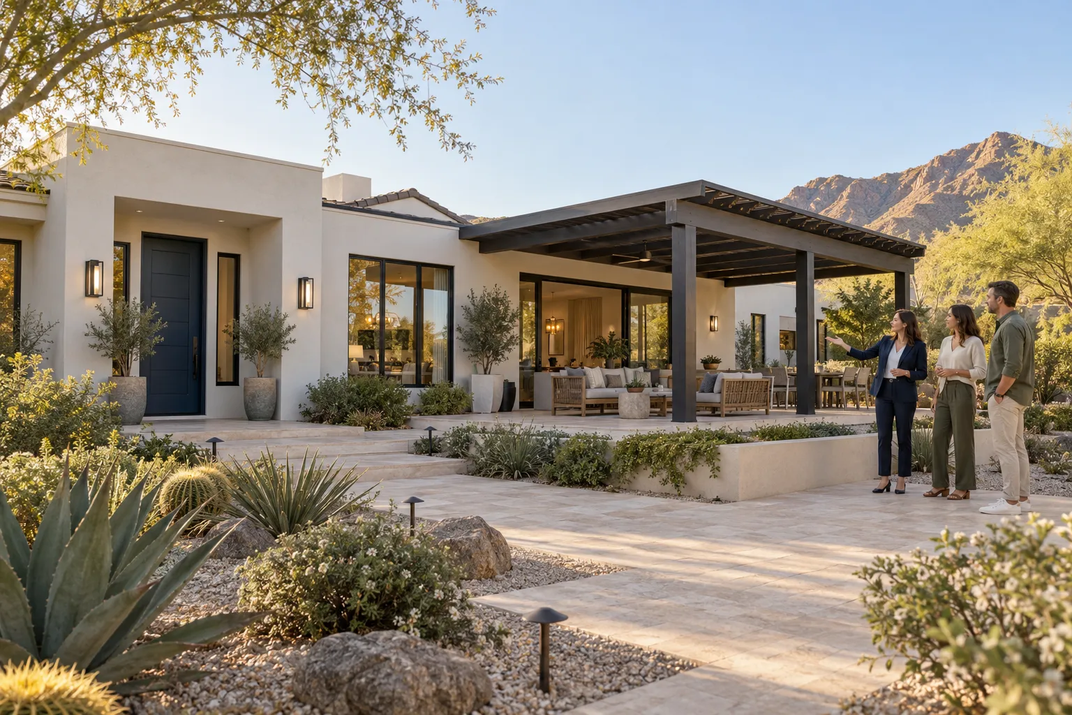 desert home with a real estate professional and two adults beside its patio.