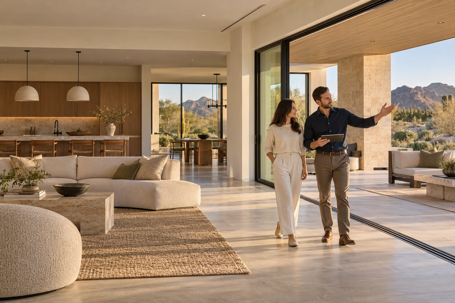 buyer and builder representative walking through a completed contemporary home toward its terrace.