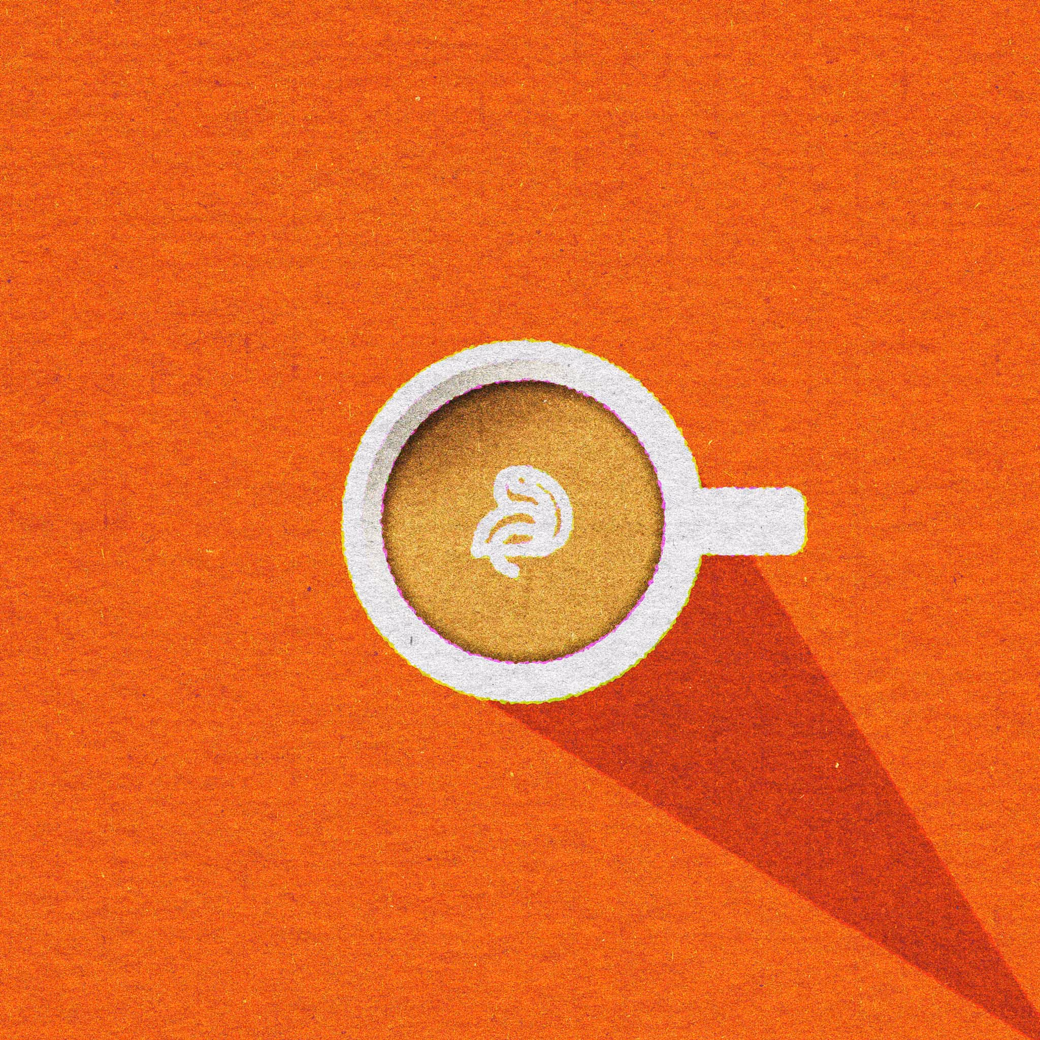 Illustration of the Ibis bird mark in the foam of a latte on an orange background