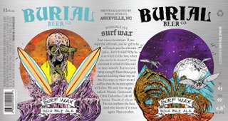 Label artwork for Burial Beer Co. Surf Wax sour IPA, illustrated with surfers and a night-sky scene