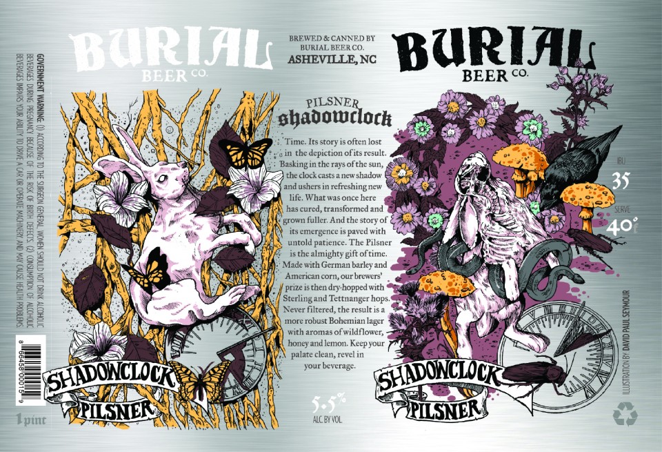 Label artwork for Burial Beer Co. Shadowclock pilsner, illustrated with a rabbit skeleton and botanical motifs