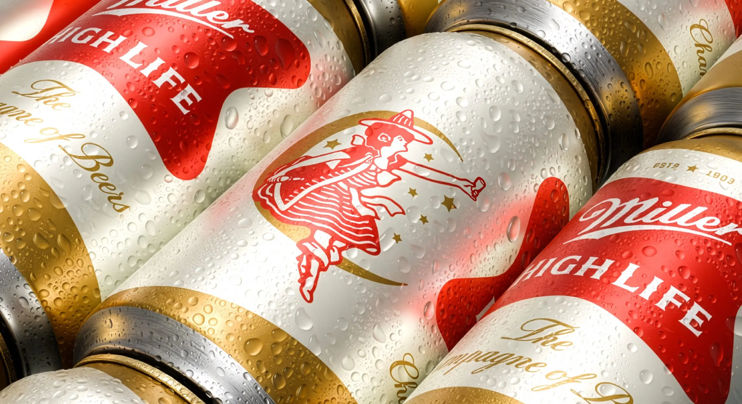 Close-up of chilled Miller High Life pony bottles