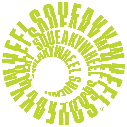 A logo made of a rotating circle of bright green type