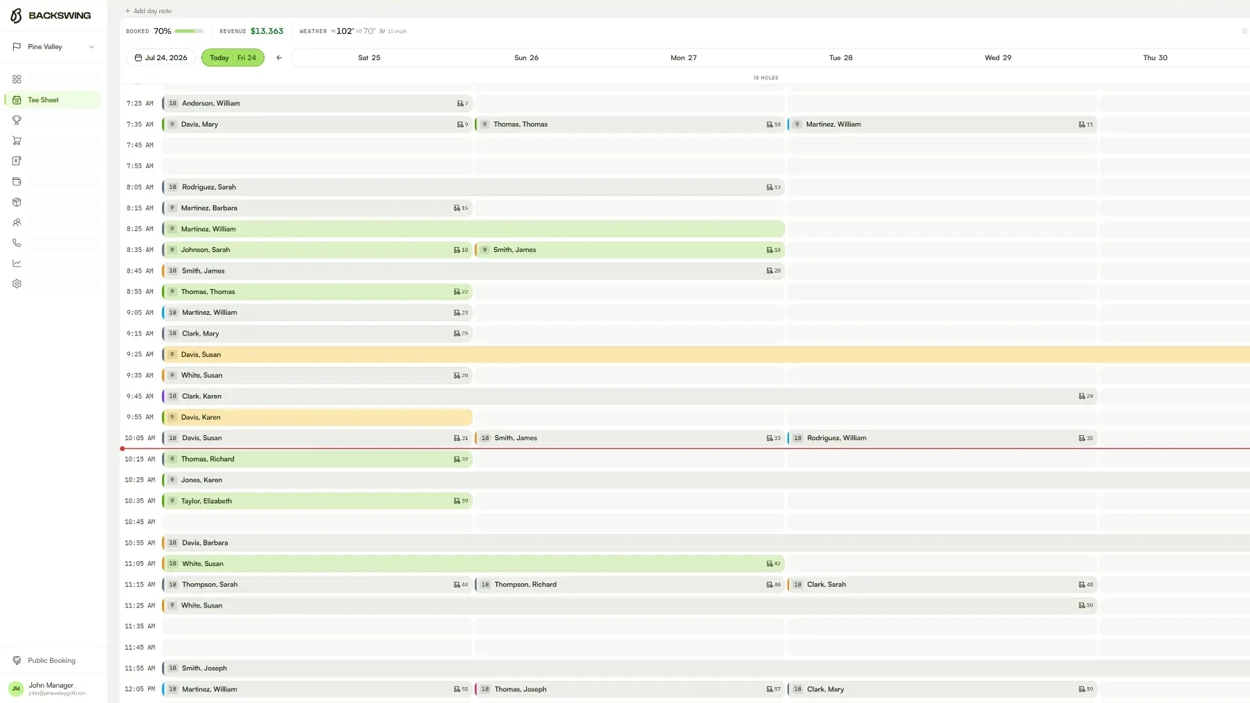 Course Management tee sheet with the synced Backswing App booking highlighted