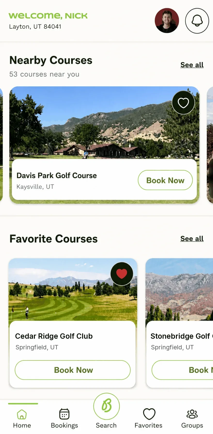 Backswing app tee time booking screen