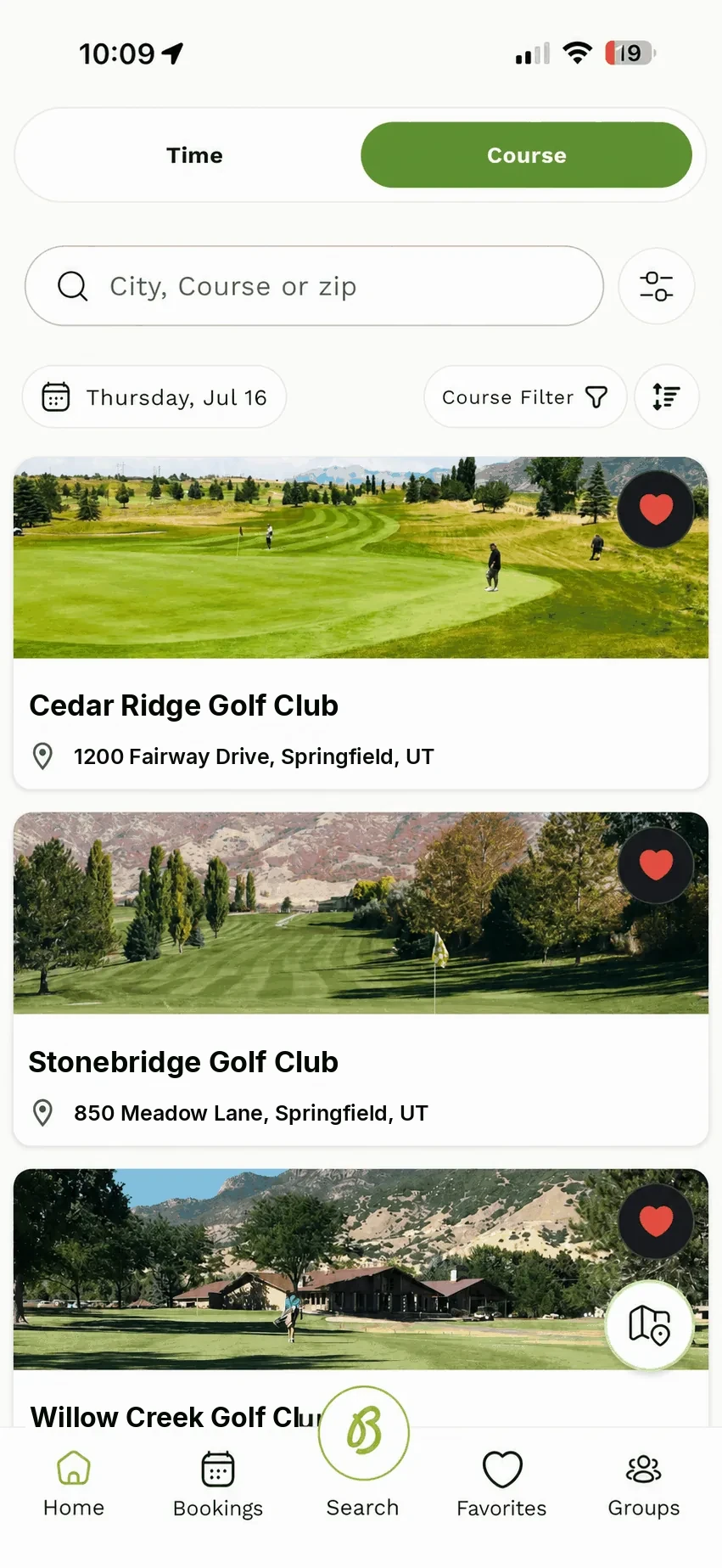 Backswing App course search screen