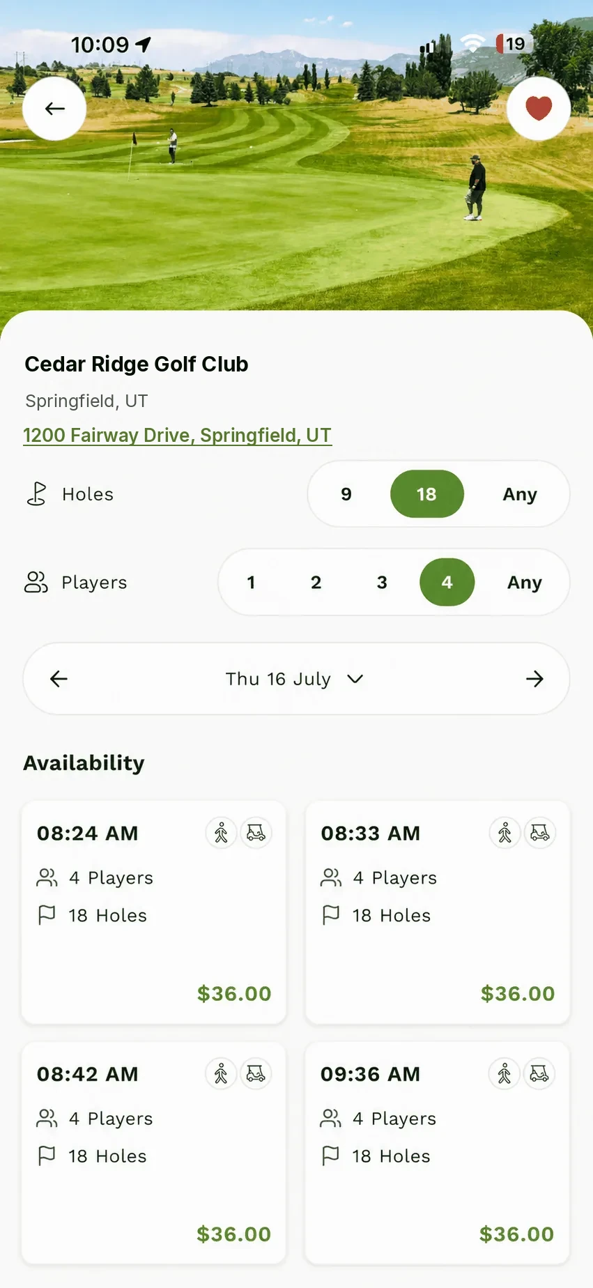 Backswing App tee time selection screen
