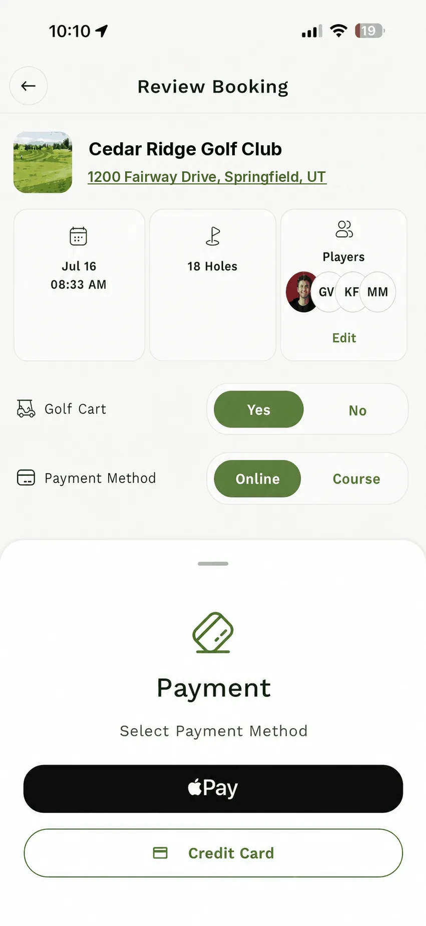 Backswing App payment method screen