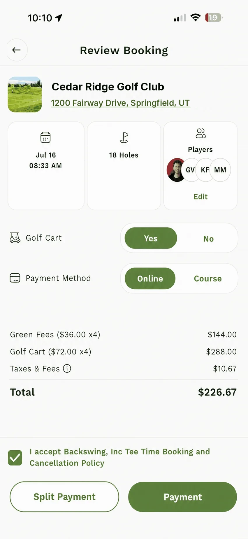 Backswing App review booking and split payment screen