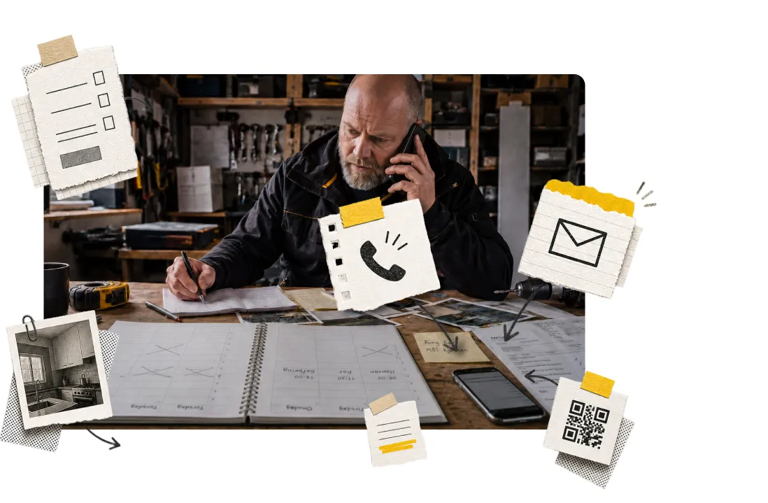 A tradesperson takes a customer call while reviewing job notes and plans in his workshop.