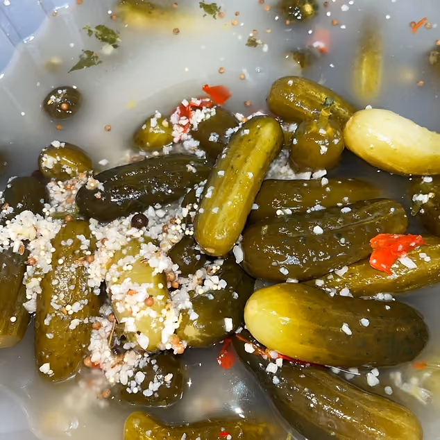 Small pickles soaking in brine with garlic, peppercorns, mustard seeds, and red pepper flakes.