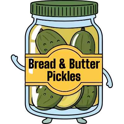 Cartoon jar of bread and butter pickles with a green lid and a label reading Bread & Butter Pickles.