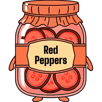 Cartoon jar of sliced red peppers with arms, legs, and a label reading Red Peppers.