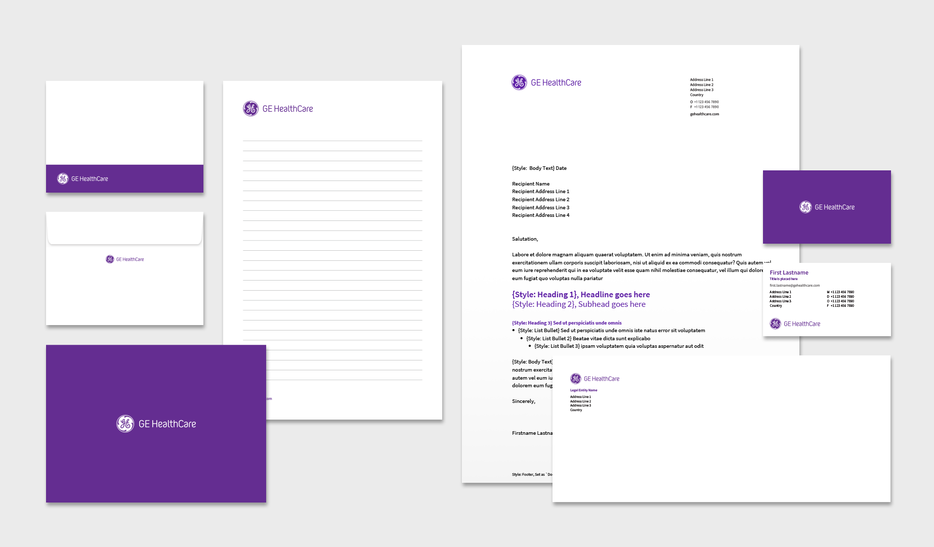 GE HealthCare stationery with letterhead, envelope and business cards