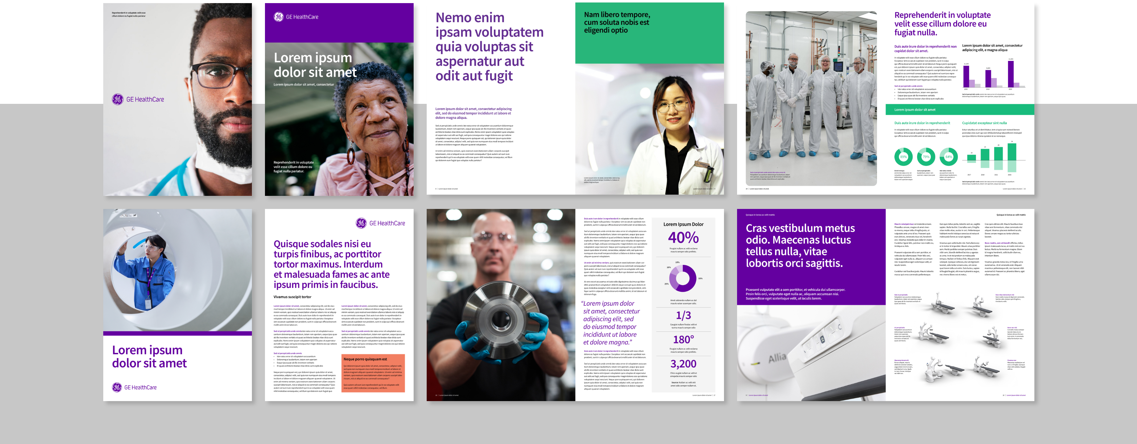GE HealthCare brand guidelines spreads with portrait photography, charts and callouts