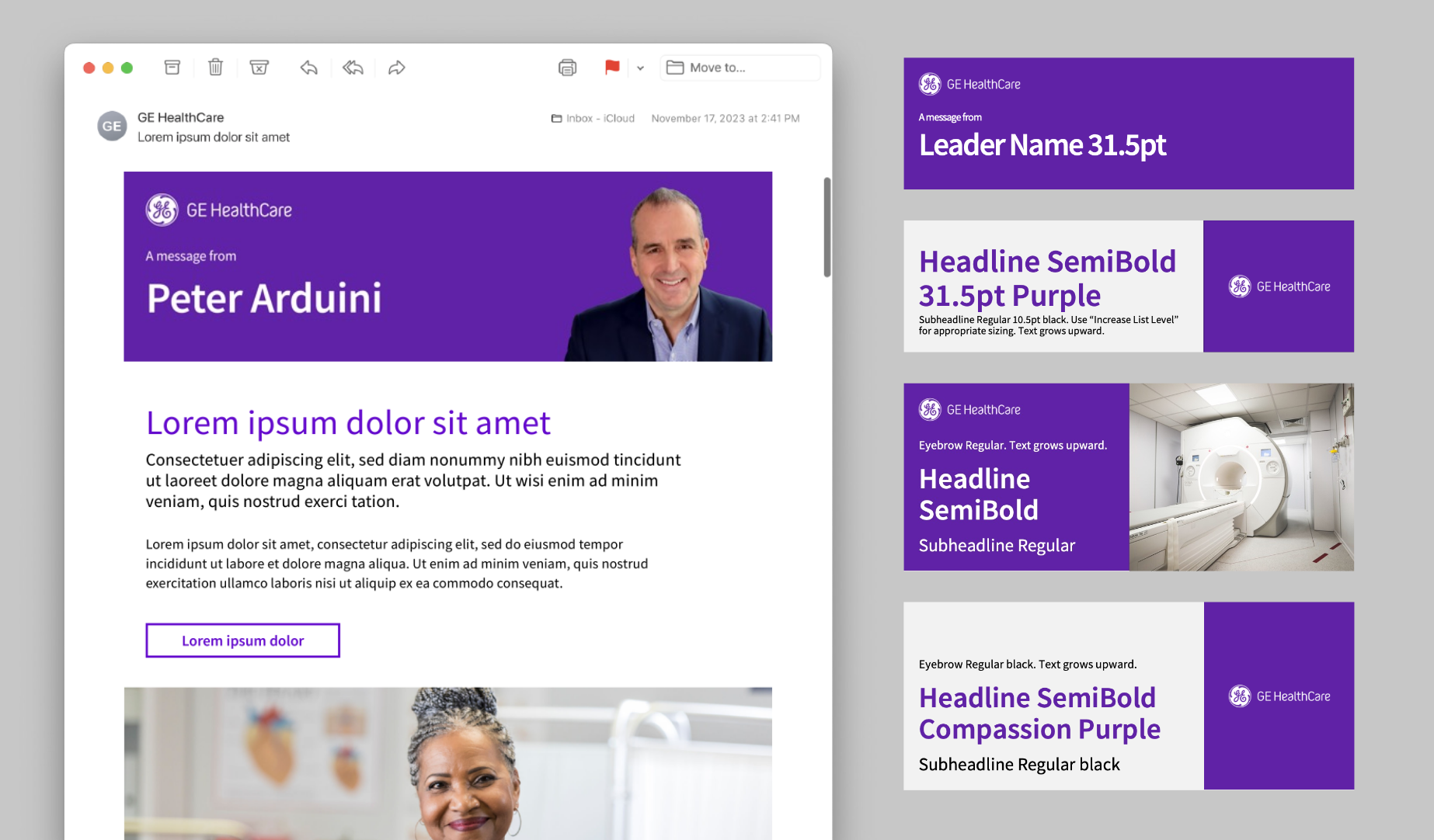 GE HealthCare employee communication template on a laptop screen