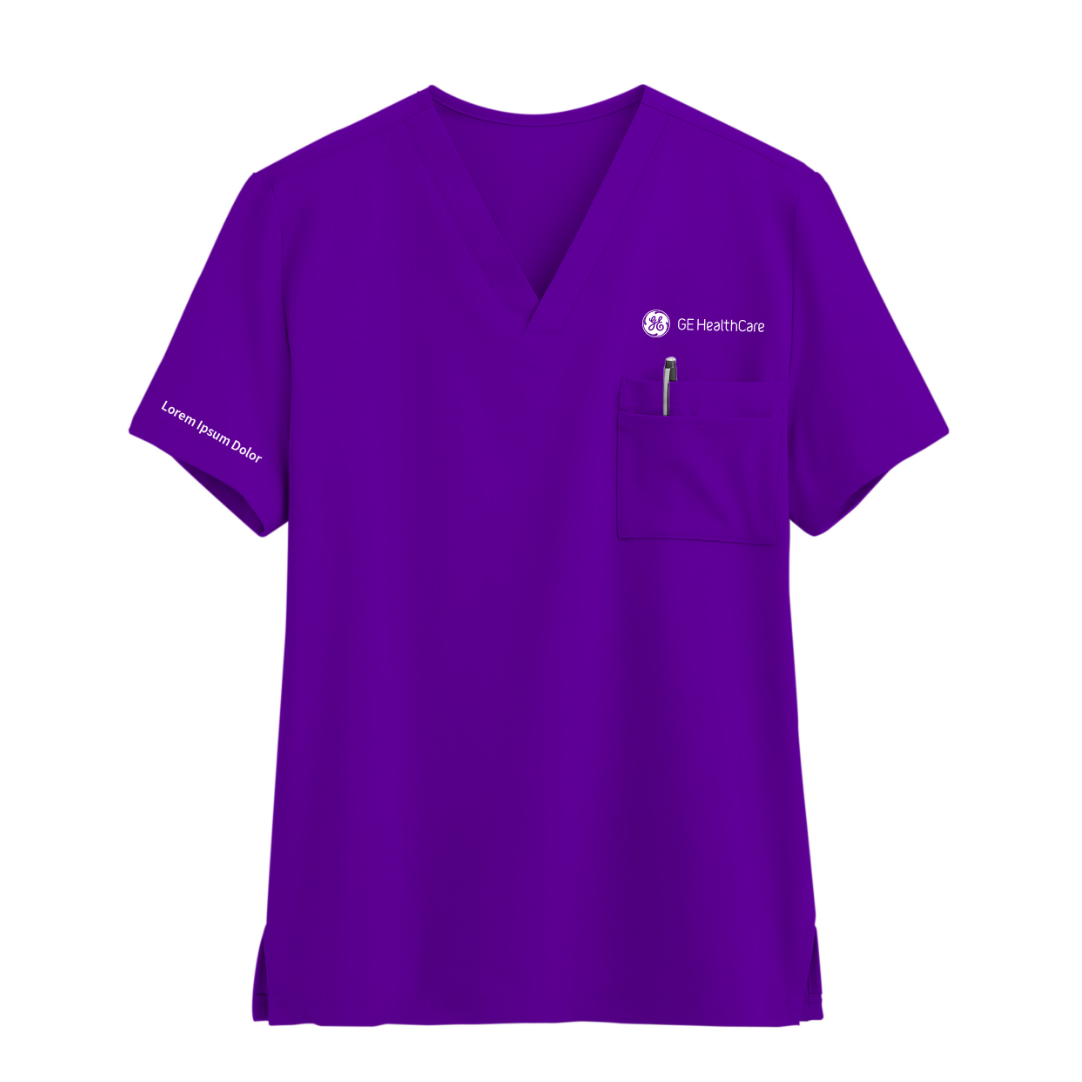 Purple GE HealthCare scrub top with logo