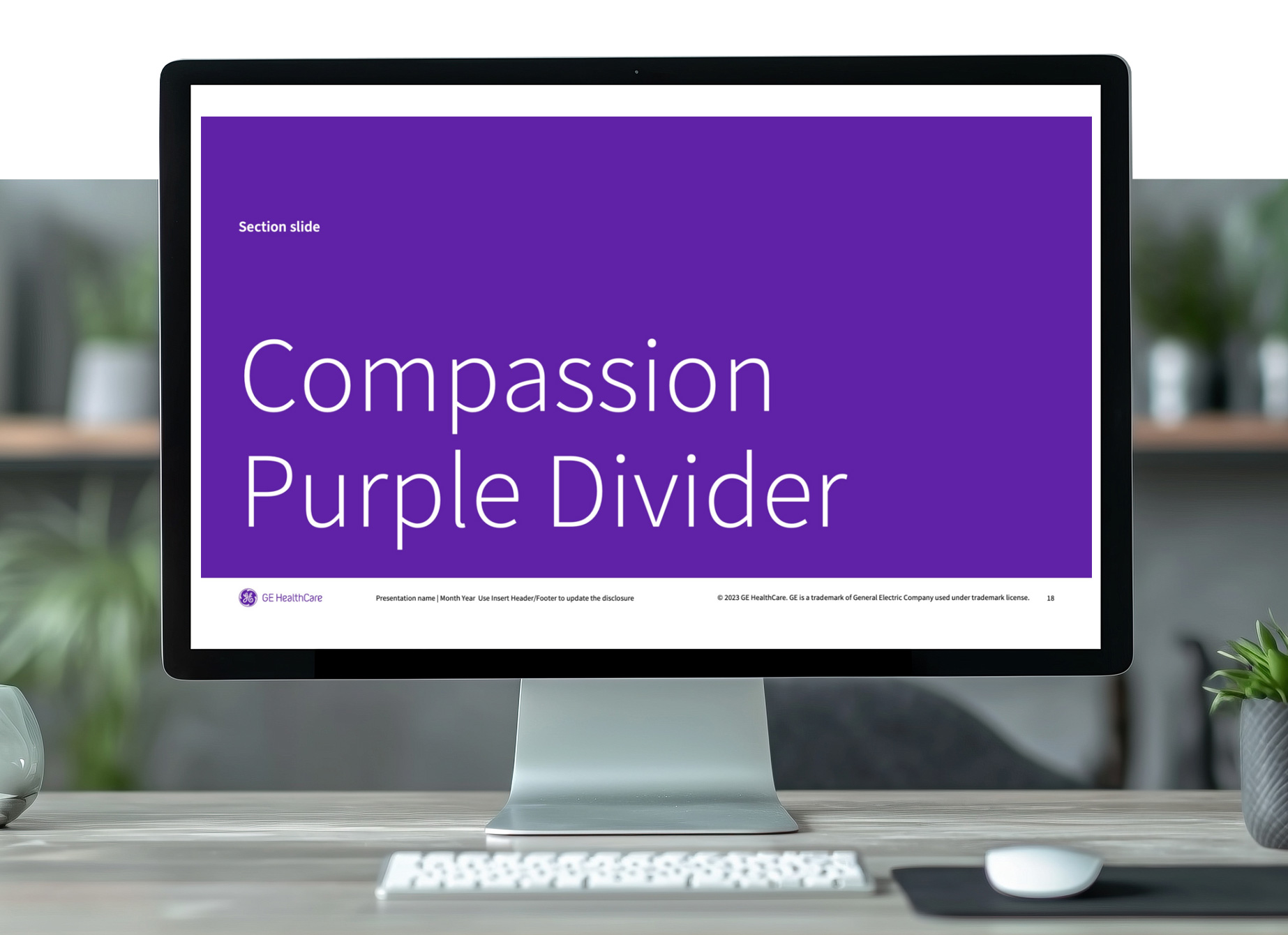 GE HealthCare presentation section divider slide in purple
