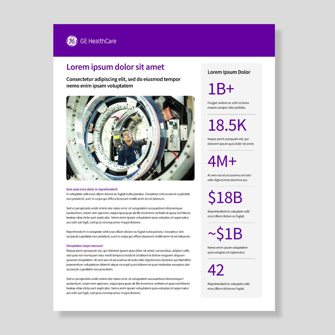 GE HealthCare data sheet with charts and statistics