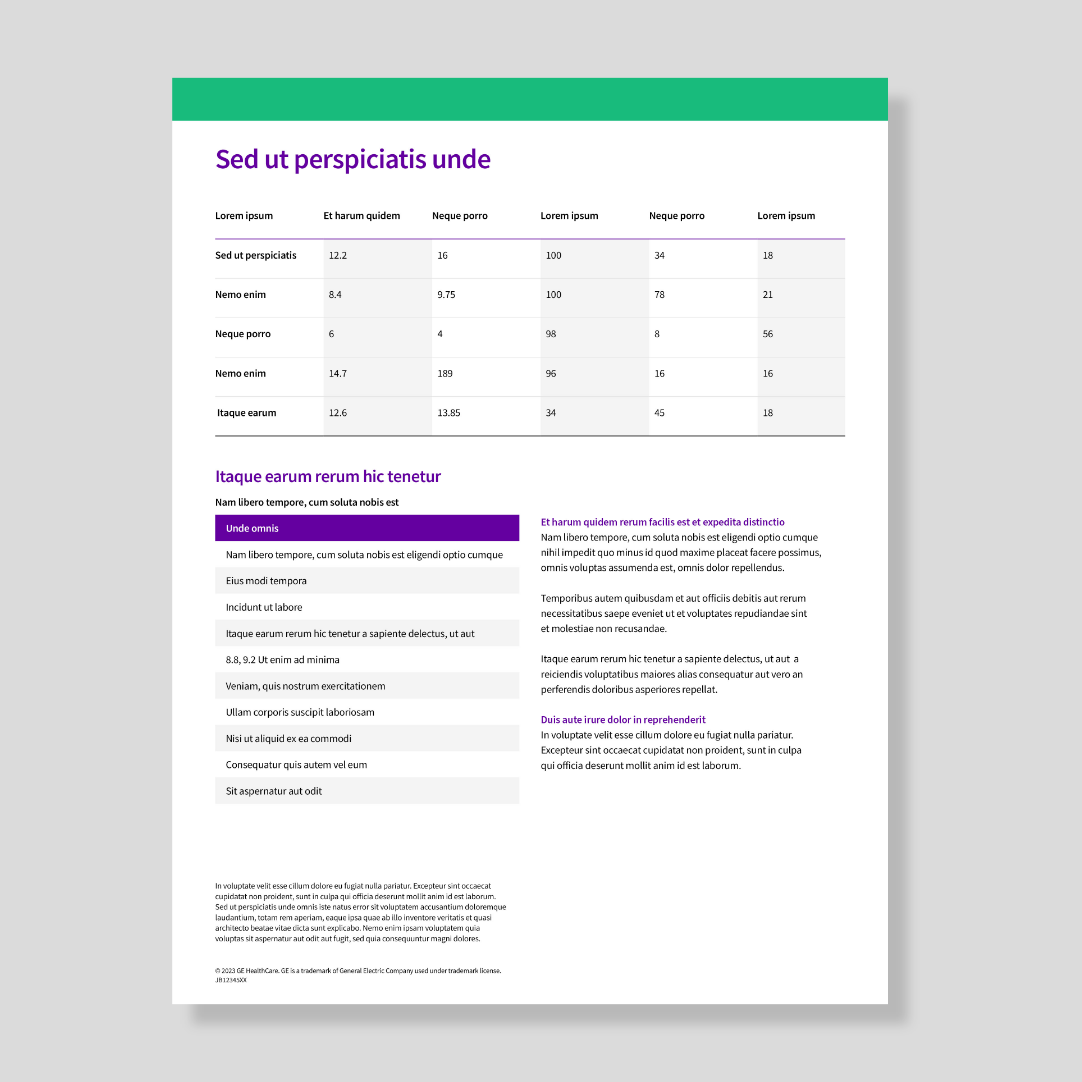 GE HealthCare specification sheet template with a green header