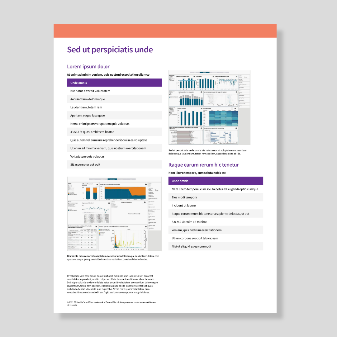GE HealthCare specification sheet template with an orange header
