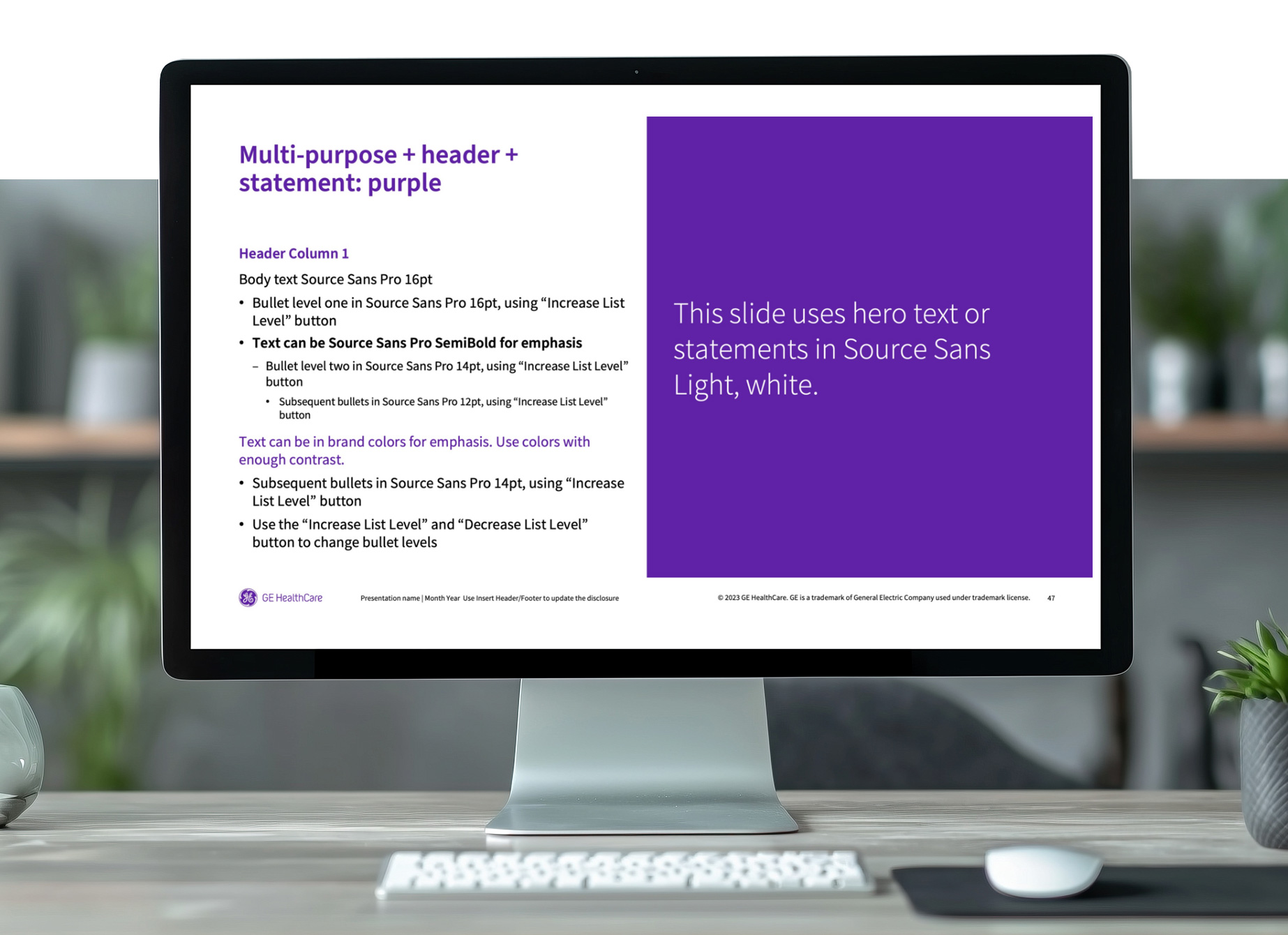 GE HealthCare presentation slide with text and a purple panel