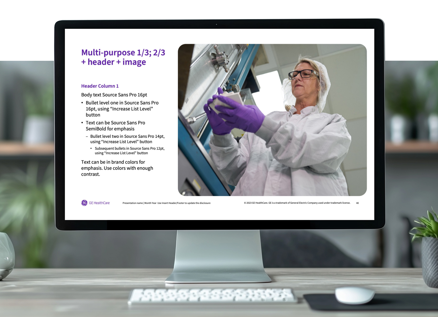 GE HealthCare presentation slide with a lab scientist photo