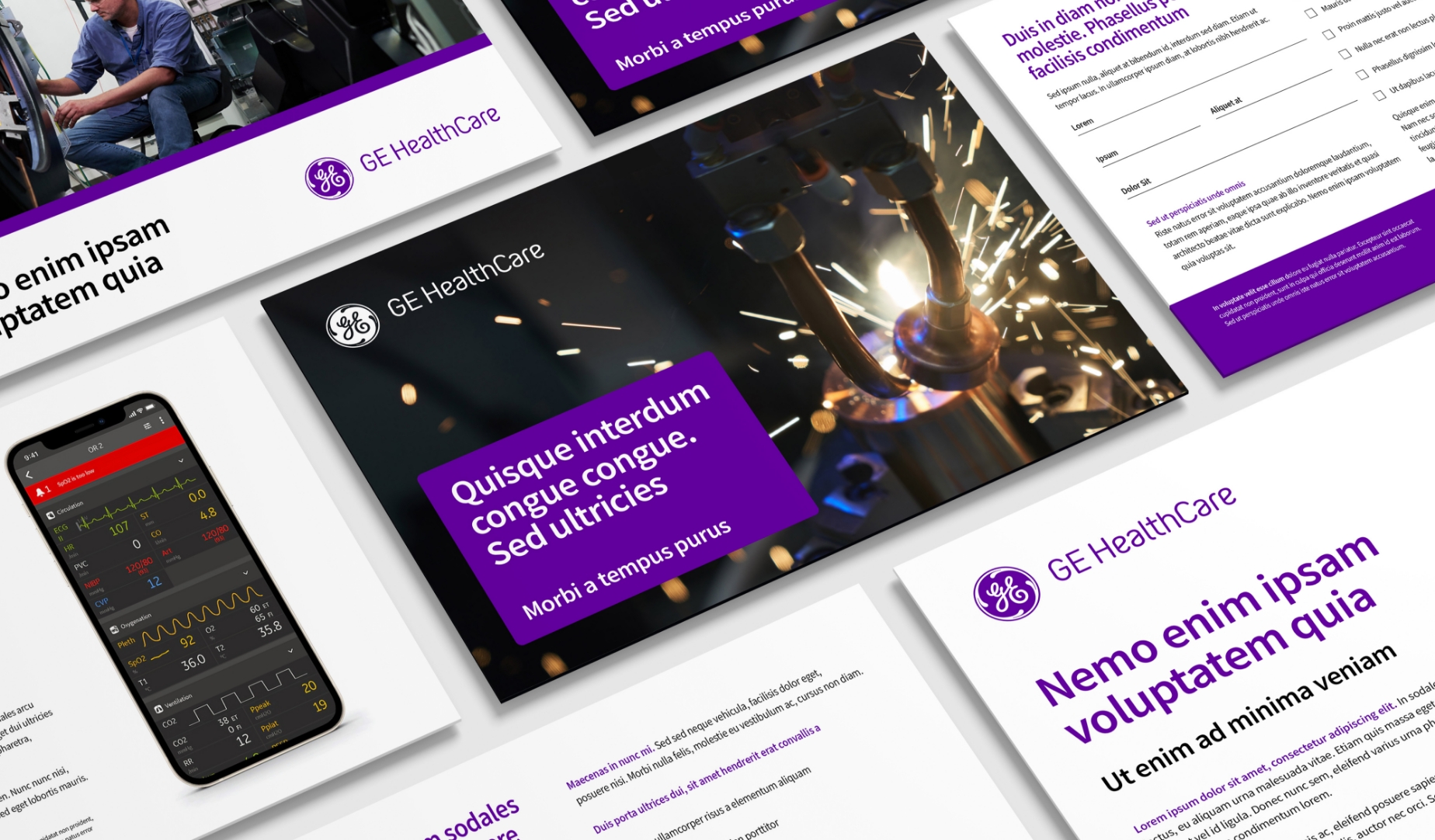 GE HealthCare marketing materials on tablets and printed brochures