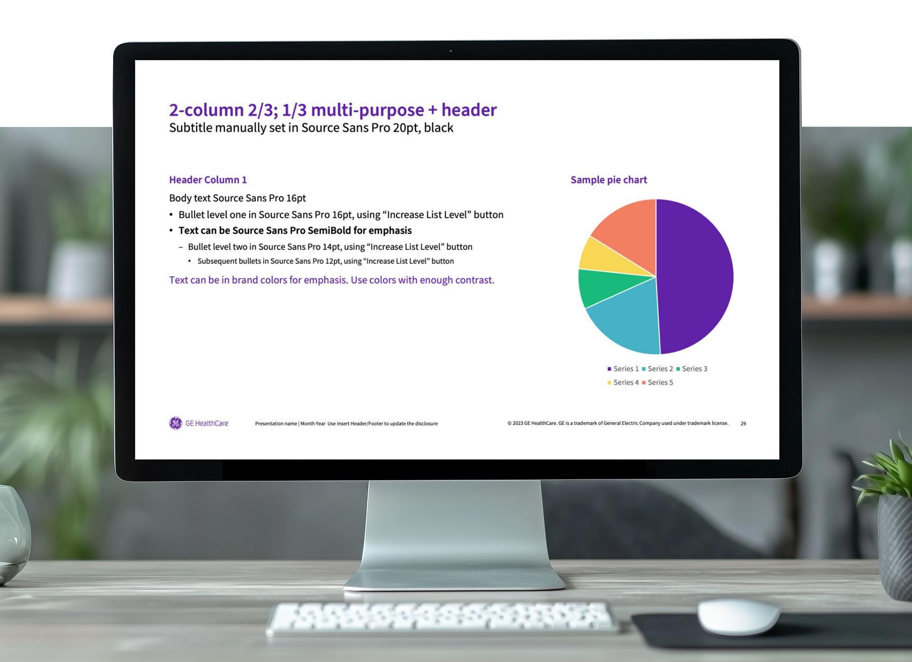 GE HealthCare presentation slide with a pie chart