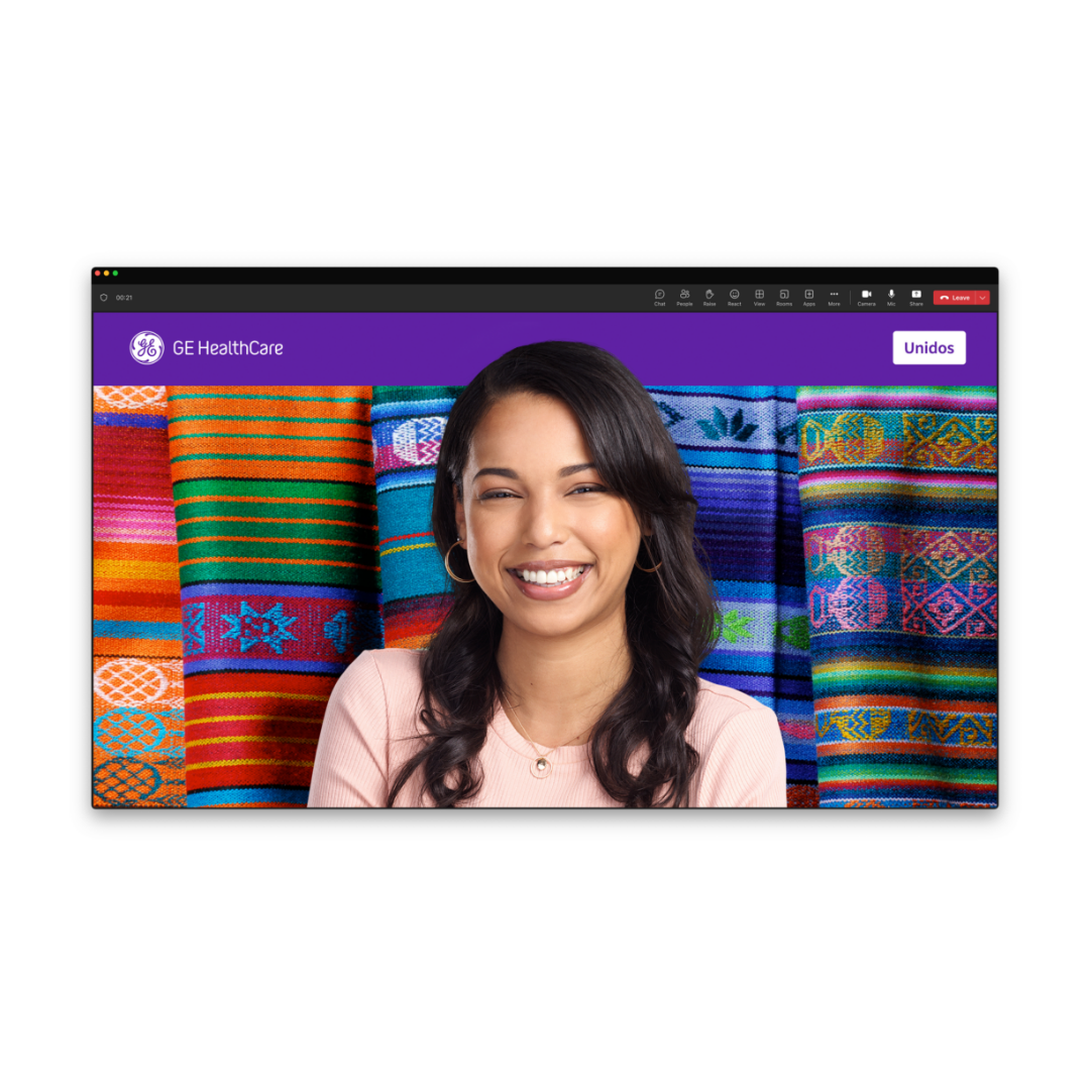 GE HealthCare video call background with a presenter