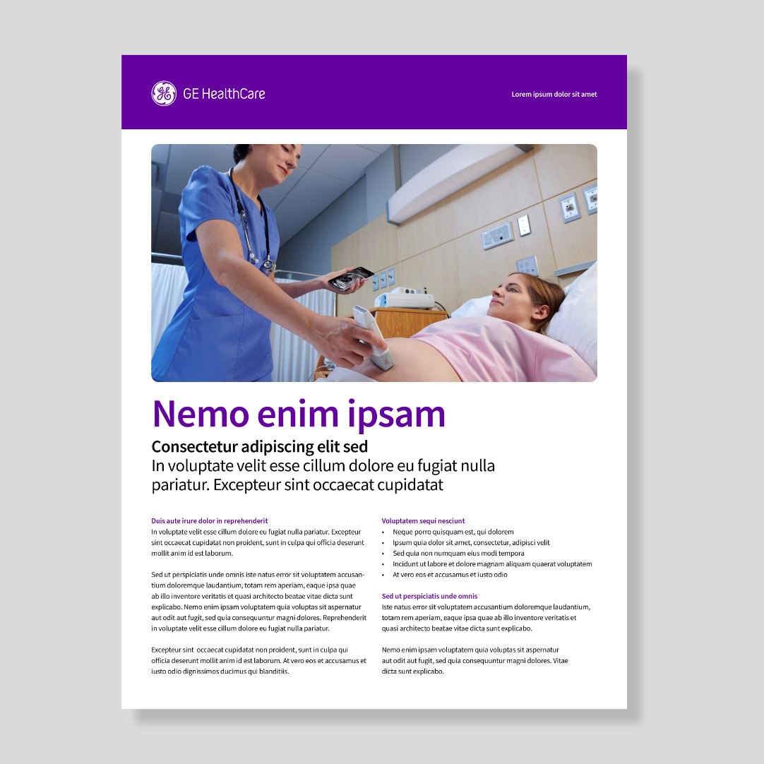 GE HealthCare product sheet with a clinician photo