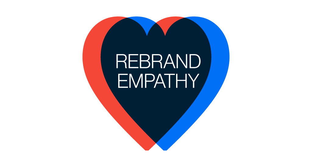 Rebrand Empathy, written inside overlapping heart shapes