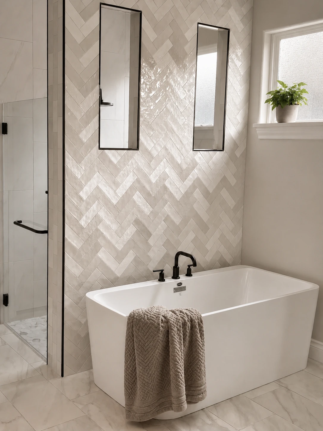Remodeled primary bathroom with a herringbone tile feature wall, freestanding soaking tub, and glass walk-in shower
